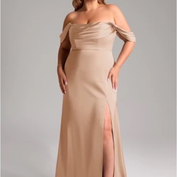 Azazie Dresses & Skirts - Elegant Tan Off-Shoulder Dress